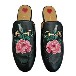Gucci Princetown Horsebit Flat Mule Size 36.5 US 6.5 Black Leather Pink Floral